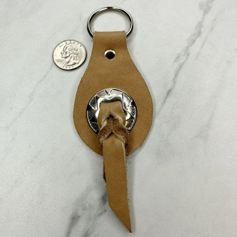 Soft Brown Leather Fringe Western Concho Boho Keychain Keyring
